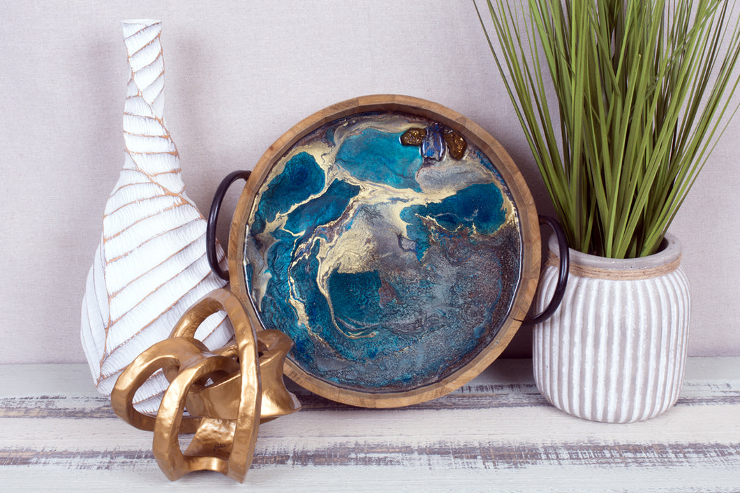 resin serving tray blue and copper gold