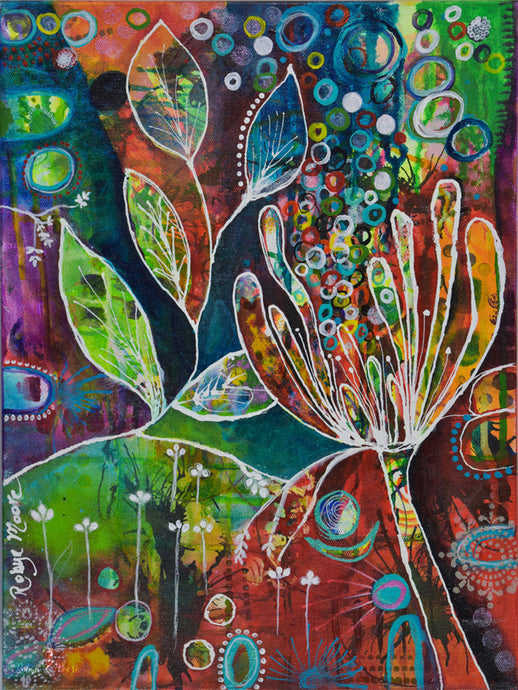 multiple layers of vibrant acrylic ink in many colors with flower and leaves designs