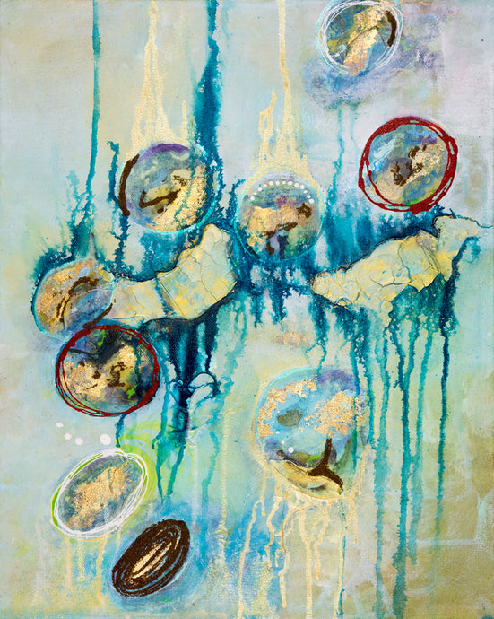 organic textured abstract painting in teal and gold
