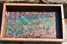 wood serving tray with copper green blue and fire glass