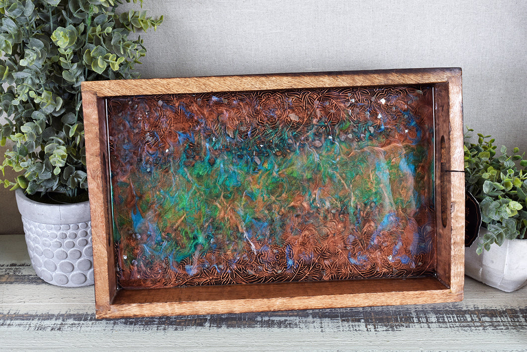wood serving tray with copper green blue and fire glass