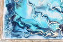 wood serving tray with blue teal white and gold with stones close up