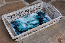 wood serving tray with blue teal white and gold with stones