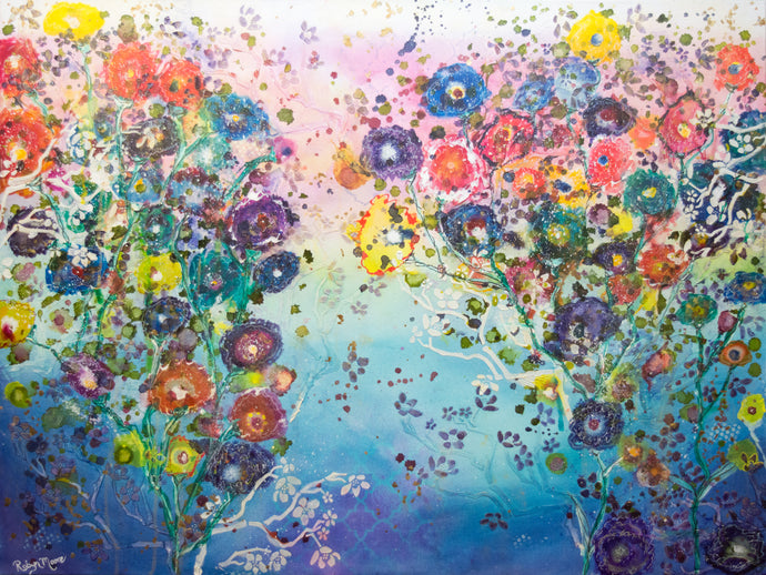 abstract wildflowers in rainbow colors blue background