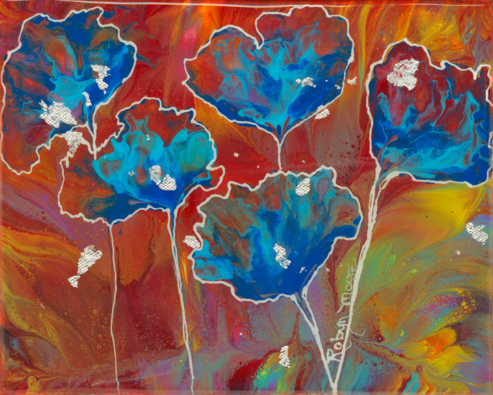 Abstract teal blue flowers on sunset background