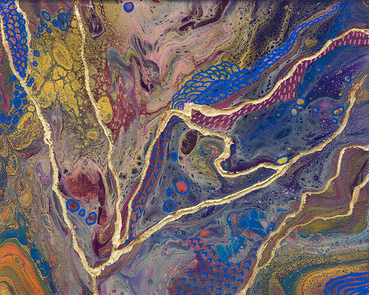 abstract fluid acrylic painting with texture and vibrant blue gold magenta colors
