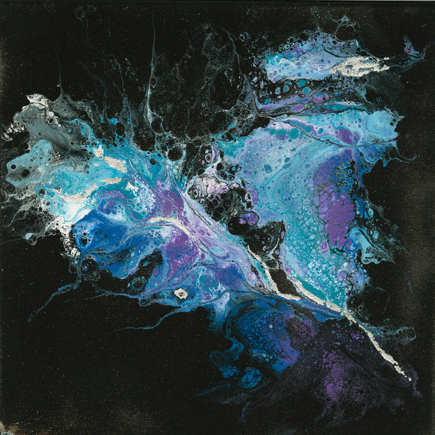 organic swirls of blue, teal, purple and white accented with silver foil 