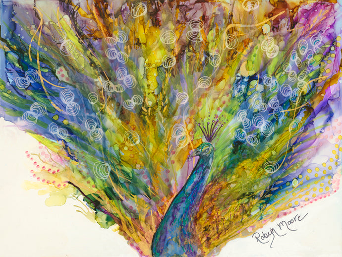 Whimsical colorful peacock with hand drawn ink accents