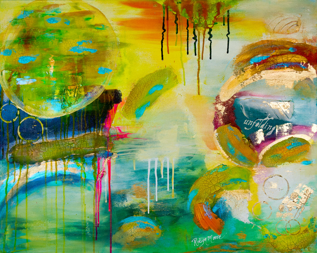 Colorful abstract acrylic painting organic shapes and texture elements 