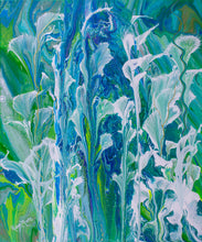 abstract fluid acrylic painting vibrant blue teal green colors with white flowers