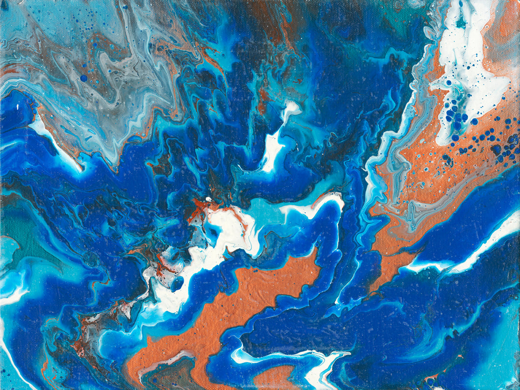 abstract fluid acrylic painting with vibrant blue copper colors