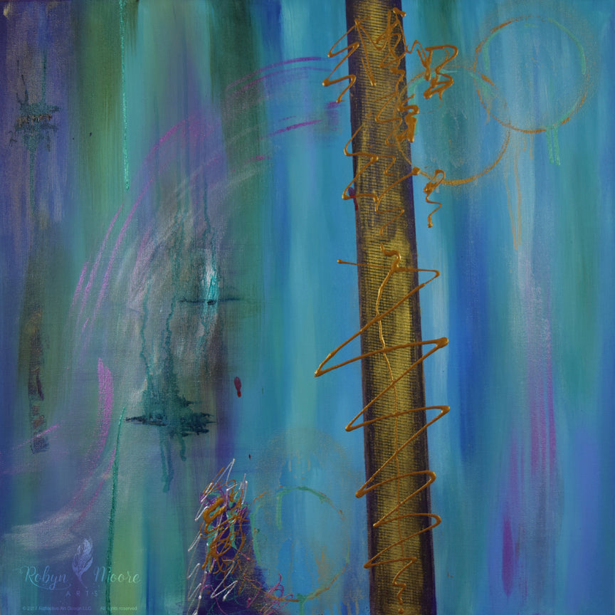 abstract acrylic painting with texture in teal, blue and purple colors with copper