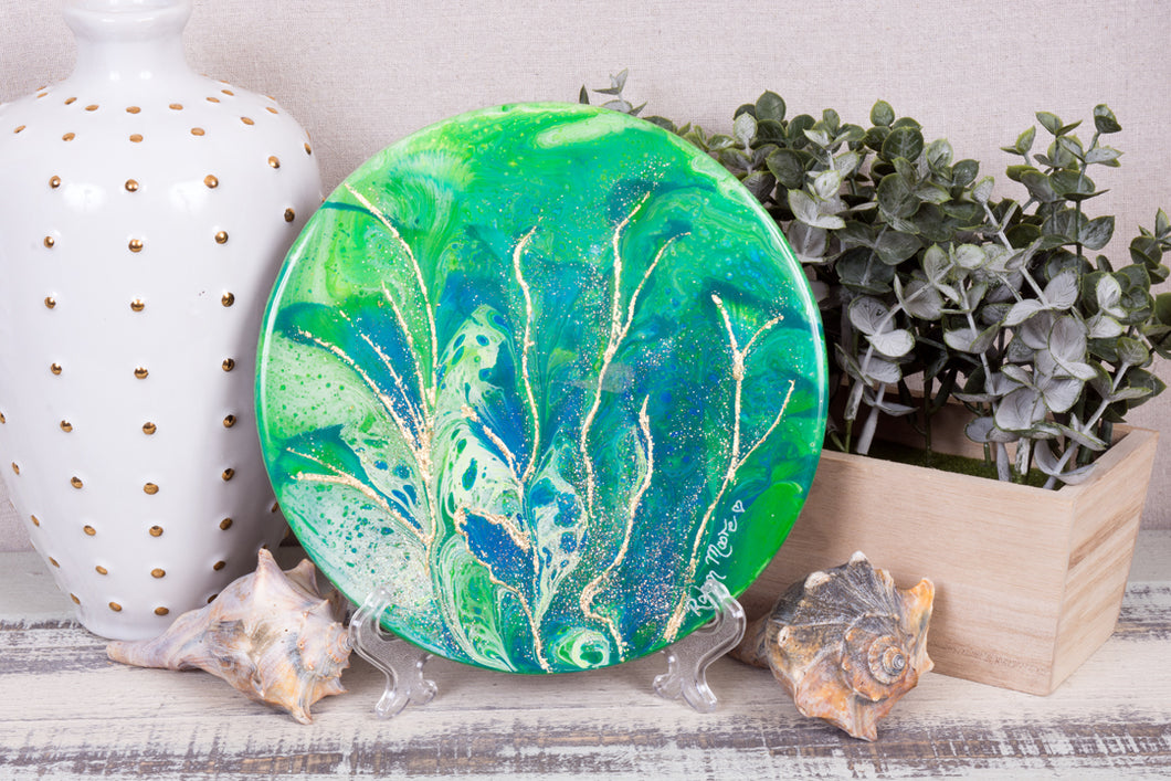 abstract fluid acrylic round painting vibrant blue teal green flowers